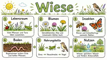 Vorschau - Arbeitsblätter - AB mit Fragen zum Thema "Wiese" + Lösungsblatt + Mindmap + Infografik - Seite 1