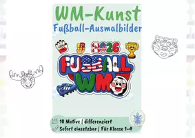 Vorschau - Mal- und Bastelvorlagen - WM Kunst Fußball 2026 Ausmalbilder Grundschule – 10 differenzierte Motive - Seite 1