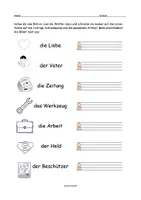 Vorschau - Mal- und Bastelvorlagen - 💗Vatertag | Wörter zum Vatertag | Nomen mit Artikel | 1. Klasse | Deutsch | DaZ | DaF | Nomen richtig schreiben | Arbeitsblatt Vatertag | Wortschatz Vater | Abschreiben üben - Seite 1