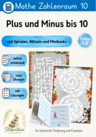 Vorschau - Arbeitsblätter - Plus und Minus bis 10 in Spiralen, Rätseln und Minibooks - Deckblatt