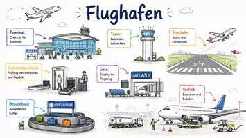 Vorschau - Arbeitsblätter - AB mit Fragen zum Thema "Flughafen" + Lösungsblatt + Infografik - Seite 1
