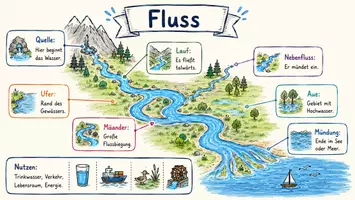 Vorschau - Arbeitsblätter - AB mit Fragen zum Thema "Fluss" + Lösungsblatt + Infografik - Seite 1