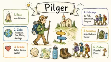 Vorschau - Arbeitsblätter - AB mit Fragen zum Thema "Pilger" + Lösungsblatt + Infografik - Seite 1