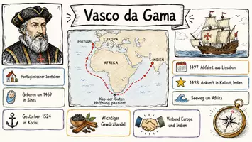 Vorschau - Arbeitsblätter - AB mit Fragen zum Thema "Vasco da Gama" + Lösungsblatt + Infografik - Seite 1