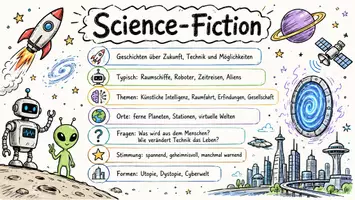 Vorschau - Arbeitsblätter - AB mit Fragen zum Thema "Science-Fiction" + Lösungsblatt + Mindmap + Infografik - Seite 1
