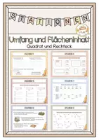 Vorschau - Arbeitsblätter - Umfang und Flächeninhalt Quadrat und Rechteck Stationentraining - Deckblatt