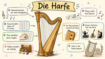 Vorschau - Arbeitsblätter - AB mit Fragen zum Thema "Harfe" + Lösungsblatt + Infografik - Seite 1
