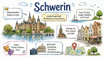 Vorschau - Arbeitsblätter - AB mit Fragen zum Thema "Schwerin" + Lösungsblatt + Mindmap + Infografik - Seite 1