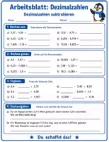 Vorschau - Arbeitsblätter - Dezimalzahlen Subtraktion - Arbeitslätter + Lösung - Seite 1