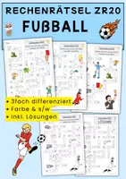 Vorschau - Arbeitsblätter - Fußball Rechenrätsel ZR 20, 3-fach differenziert für Klasse 1 & 2, Mathe EM & WM - Deckblatt