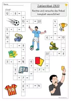 Vorschau - Arbeitsblätter - Fußball Rechenrätsel ZR 20, 3-fach differenziert für Klasse 1 & 2, Mathe EM & WM - Seite 1