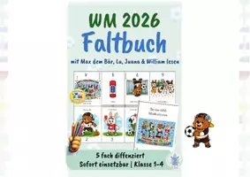 Vorschau - Mal- und Bastelvorlagen - KOSTENLOS: Fußball-WM 2026 Aufklappbuch – Schreiben & Erzählen zu den Maskottchen Max, Lu, Juana & William - Seite 1