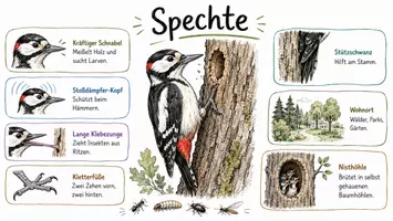 Vorschau - Arbeitsblätter - AB mit Fragen zum Thema "Spechte" + Lösungsblatt + Mindmap + Infografik - Seite 1