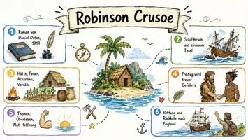 Vorschau - Arbeitsblätter - AB mit Fragen zum Thema "Robinson Crusoe" + Lösungsblatt + Mindmap + Infografik - Seite 1