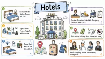 Vorschau - Arbeitsblätter - AB mit Fragen zum Thema "Hotel" + Lösungsblatt + Mindmap + Infografik - Seite 1