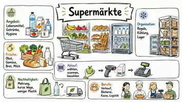 Vorschau - Arbeitsblätter - AB mit Fragen zum Thema "Supermarkt" + Lösungsblatt + Infografik - Seite 1