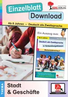 Vorschau - Arbeitsblätter - Deutsch als Zweitsprache - Wortschatztraining: Stadt & Geschäfte | DaZ Deutsch Grundschule Sekundarstufe Klasse 3-10 | Vorbereitungsklassen, Wortschatz, Übungen, Arbeitsblätter, Kopiervorlagen mit Lösungen - Deckblatt