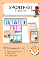 Vorschau - Spiele - Sportfest Stationen Grundschule – 16 Stationskarten für Sportprojektwoche, Schulfest & Spielfest - Deckblatt