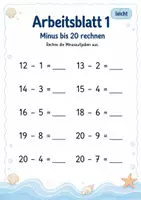 Vorschau - Arbeitsblätter - Minusaufgaben bis 20 | Mathematik Klasse 1 | 5 Arbeitsblätter als PDF - Seite 1