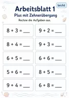 Vorschau - Arbeitsblätter - Zehnerübergang Addition bis 20 Klasse 1 | Mathematik | 5 Arbeitsblätter als PDF - Seite 1