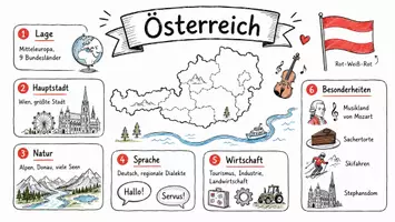 Vorschau - Arbeitsblätter - AB mit Fragen zum Thema "Österreich" + Lösungsblatt + Infografik - Seite 1