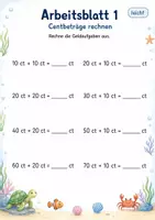 Vorschau - Arbeitsblätter - Geldbeträge bis 1 Euro Klasse 1 | Mathematik | 5 Arbeitsblätter als PDF - Seite 1
