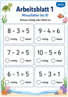 Vorschau - Arbeitsblätter - Rechenfehler finden Minus bis 20 | Mathematik Klasse 1 | 5 Arbeitsblätter als PDF - Seite 1