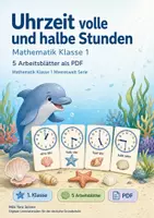 Vorschau - Arbeitsblätter - Uhrzeit volle und halbe Stunden | Mathematik Klasse 1 | 5 Arbeitsblätter als PDF - Deckblatt
