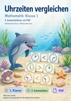 Vorschau - Arbeitsblätter - Uhrzeiten vergleichen | Mathematik Klasse 1 | 5 Arbeitsblätter als PDF - Deckblatt