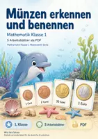Vorschau - Arbeitsblätter - Münzen erkennen und benennen | Mathematik Klasse 1 | 5 Arbeitsblätter als PDF - Deckblatt