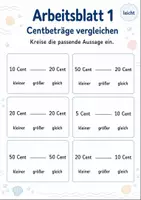 Vorschau - Arbeitsblätter - Münzwerte vergleichen | Mathematik Klasse 1 | 5 Arbeitsblätter als PDF - Seite 1