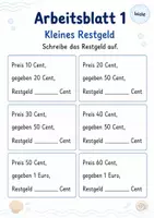 Vorschau - Arbeitsblätter - Restgeld bis 1 Euro | Mathematik Klasse 1 | 5 Arbeitsblätter als PDF - Seite 1