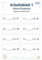Vorschau - Arbeitsblätter - Plusketten mit fehlender Zahl bis 20 | Mathematik Klasse 1 | 5 Arbeitsblätter als PDF - Seite 1