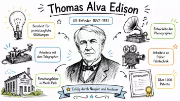 Vorschau - Arbeitsblätter - AB mit Fragen zum Thema "Thomas Alva Edison" + Lösungsblatt + Infografik - Seite 1