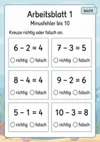 Vorschau - Arbeitsblätter - Rechenfehler finden Minus bis 10 | Mathematik Klasse 1 | 5 Arbeitsblätter als PDF - Seite 1
