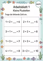 Vorschau - Arbeitsblätter - Plusketten mit fehlender Zahl bis 10 | Mathematik Klasse 1 | 5 Arbeitsblätter als PDF - Seite 1