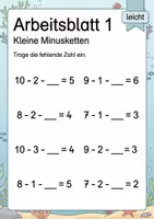 Vorschau - Arbeitsblätter - Minusketten mit fehlender Zahl bis 10 | Mathematik Klasse 1 | 5 Arbeitsblätter als PDF - Seite 1
