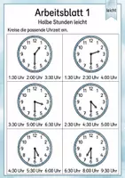 Vorschau - Arbeitsblätter - Halbe Stunden erkennen | Mathematik Klasse 1 | 5 Arbeitsblätter als PDF - Seite 1