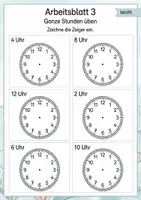 Vorschau - Arbeitsblätter - Zeiger einzeichnen ganze Stunden | Mathematik Klasse 1 | 5 Arbeitsblätter als PDF - Seite 3