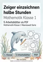 Vorschau - Arbeitsblätter - Zeiger einzeichnen halbe Stunden | Mathematik Klasse 1 | 5 Arbeitsblätter als PDF - Deckblatt