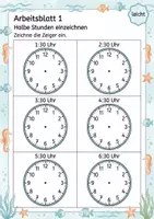 Vorschau - Arbeitsblätter - Zeiger einzeichnen halbe Stunden | Mathematik Klasse 1 | 5 Arbeitsblätter als PDF - Seite 1