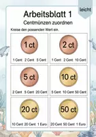 Vorschau - Arbeitsblätter - Münzen zuordnen bis 1 Euro | Mathematik Klasse 1 | 5 Arbeitsblätter als PDF - Seite 1