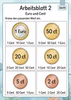 Vorschau - Arbeitsblätter - Münzen zuordnen bis 1 Euro | Mathematik Klasse 1 | 5 Arbeitsblätter als PDF - Seite 2