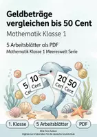 Vorschau - Arbeitsblätter - Geldbeträge vergleichen bis 50 Cent | Mathematik Klasse 1 | 5 Arbeitsblätter als PDF - Deckblatt