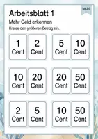 Vorschau - Arbeitsblätter - Geldbeträge vergleichen bis 50 Cent | Mathematik Klasse 1 | 5 Arbeitsblätter als PDF - Seite 1