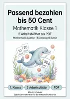 Vorschau - Arbeitsblätter - Passend bezahlen bis 50 Cent | Mathematik Klasse 1 | 5 Arbeitsblätter als PDF - Deckblatt