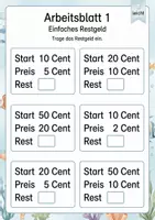 Vorschau - Arbeitsblätter - Restgeld bis 50 Cent | Mathematik Klasse 1 | 5 Arbeitsblätter als PDF - Seite 1