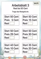 Vorschau - Arbeitsblätter - Restgeld bis 50 Cent | Mathematik Klasse 1 | 5 Arbeitsblätter als PDF - Seite 3