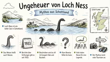 Vorschau - Arbeitsblätter - AB mit Fragen zum Thema "Ungeheuer von Loch Ness" + Lösungsblatt + Infografik - Seite 1