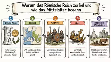 Vorschau - Arbeitsblätter - Arbeitsblatt "Warum das Römische Reich zerfiel und wie das Mittelalter begann" + interaktive Lösung & MP3 + Mindmap + Infografik - Seite 1